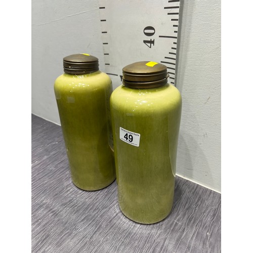 49 - 2 large green stoneware pots with metal lids