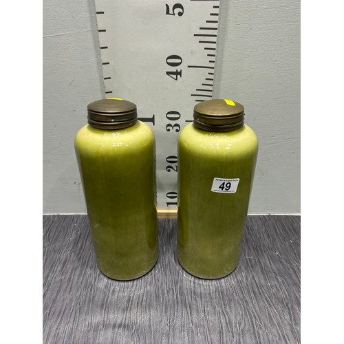 49 - 2 large green stoneware pots with metal lids