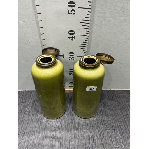 49 - 2 large green stoneware pots with metal lids