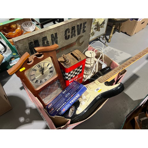 46 - Box man cave items, guitar,  sign, petrol can ect