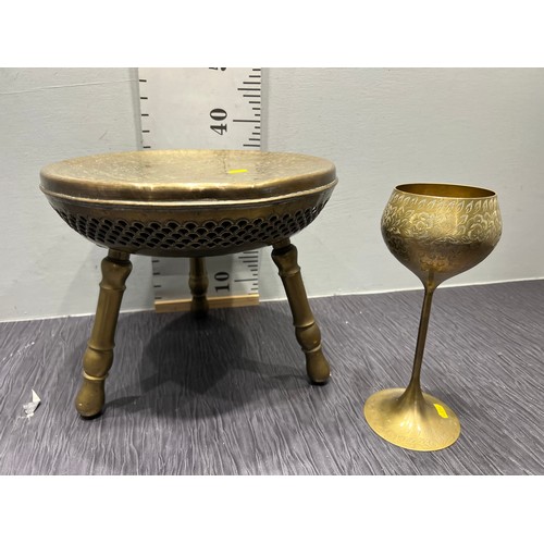 42 - Brass stool and brass vase