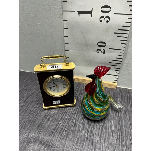 40 - Glass cockeral paper weight and brass+mahogany quartz clock