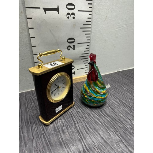 40 - Glass cockeral paper weight and brass+mahogany quartz clock