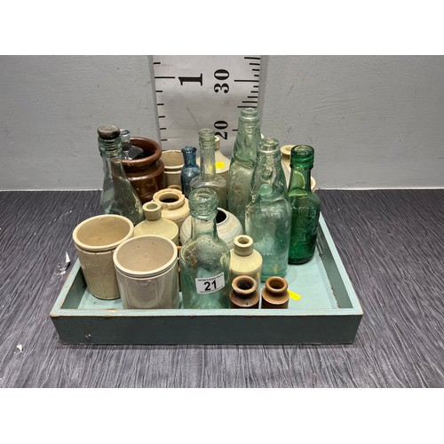 21 - wooden tray with vintage old bottles and stoneware