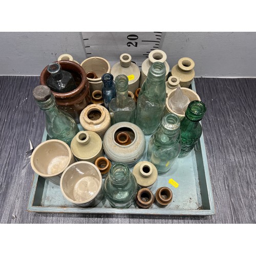 21 - wooden tray with vintage old bottles and stoneware