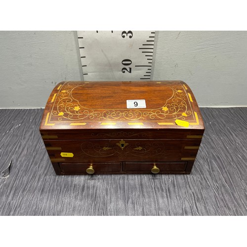 9 - Brass inlaid jewellery box with mirror inset