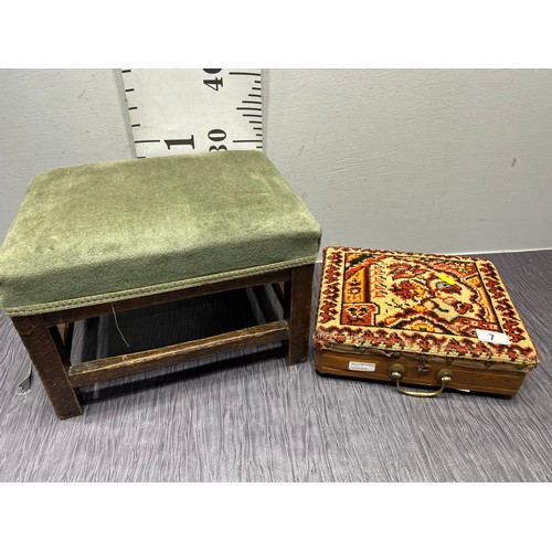 7 - Vintage foot warmer in wooden case and stool