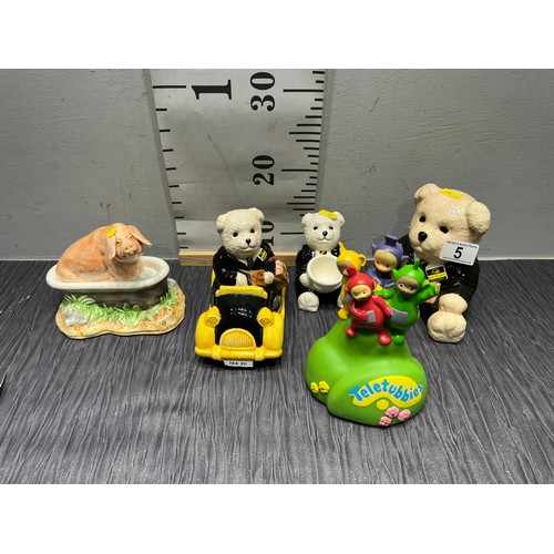 5 - Quantity ringtons,boarder fine arts,keletubbies money boxes tray not inc