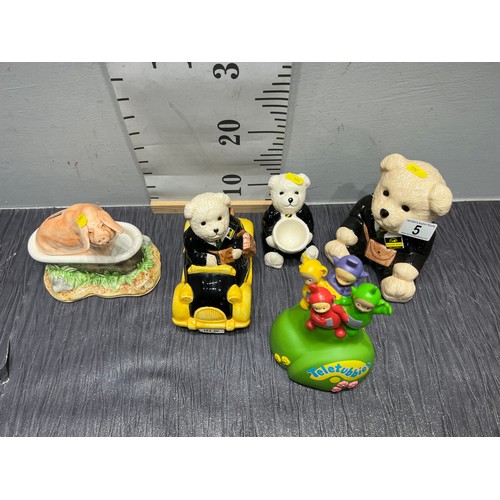 5 - Quantity ringtons,boarder fine arts,keletubbies money boxes tray not inc