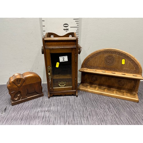 2 - Victorian Oak smokers cabinet,oak pipe rack, elephant cigarette holder.