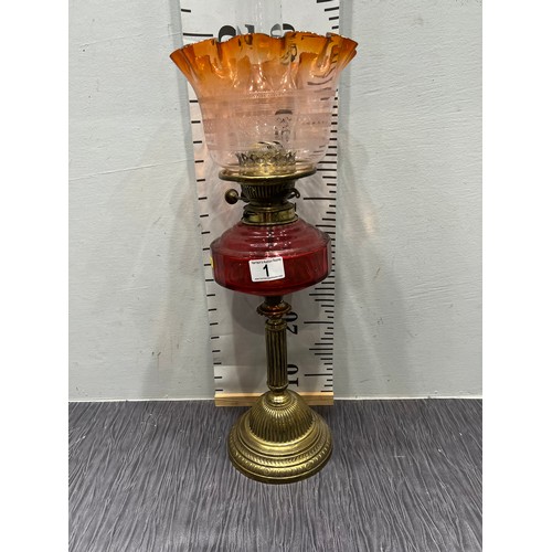 1 - Victorian oil lamp with cranbery glass reservoir