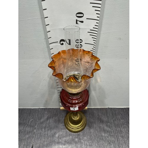 1 - Victorian oil lamp with cranbery glass reservoir