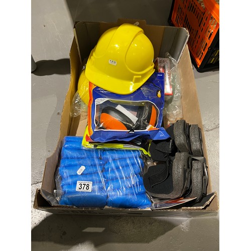 378 - Box brand new safety work items, hat, LED light, viz,ear protectors etc