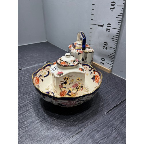 377 - 3 Masons blue mandalay te pot, bowl, lidded pot