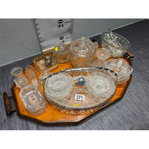 371 - Victorian tea tray + quantity cut glass etc