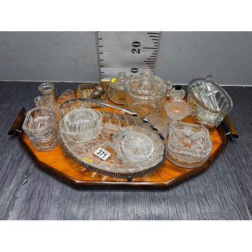 371 - Victorian tea tray + quantity cut glass etc