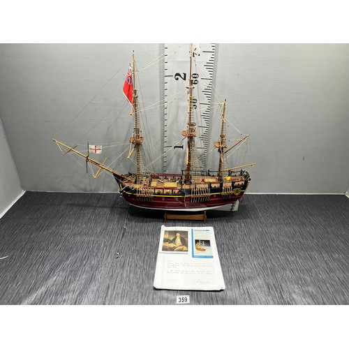 359 - Captain cooks 'endeavour' model ship with written details of cooks endeavours