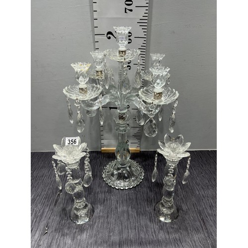 356 - Large cut glass candelabra + 2 matching cut glass candle sticks