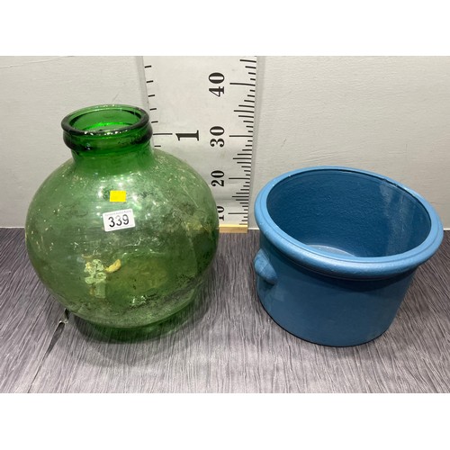 339 - Green glass terrarium + blue planter