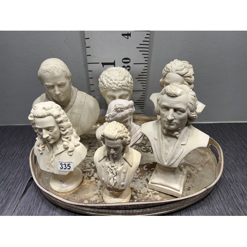 335 - 7 Busts choppin, beethoven handel etc tray not inc