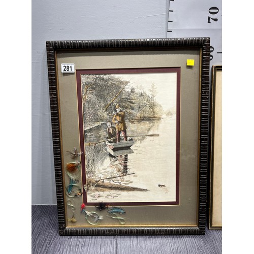 281 - Framed picture fishing in a punt with fish flys + vintage signed picture