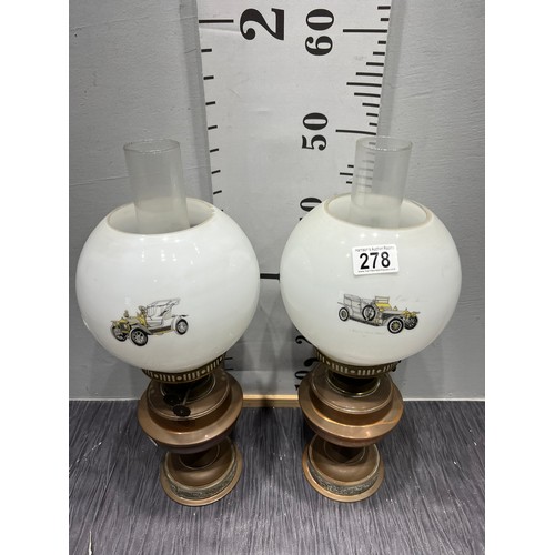 278 - Pair vintage oil lamps with glass funnels & shades