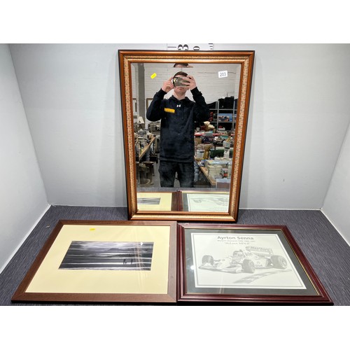 203 - Bevel edge wood framed mirror + ayrton senna picture +lother