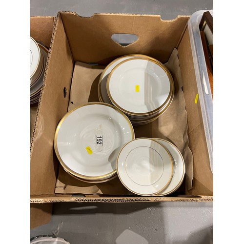 192 - 2 Boxes white+gold rim dinner ware + box pottery + glam