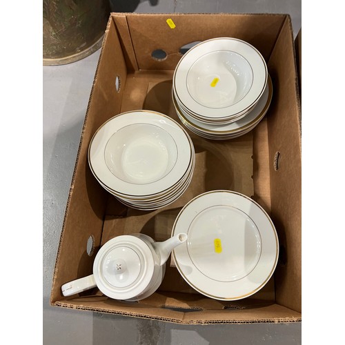 192 - 2 Boxes white+gold rim dinner ware + box pottery + glam