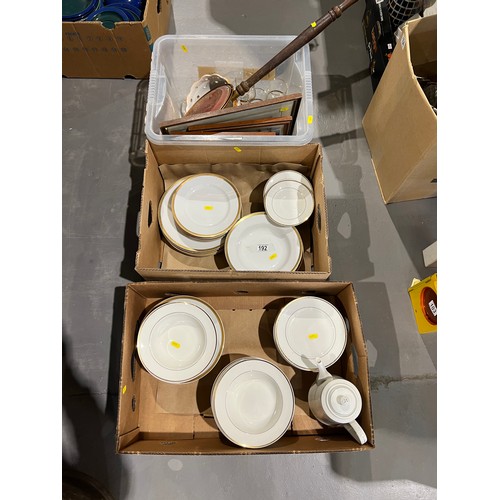 192 - 2 Boxes white+gold rim dinner ware + box pottery + glam