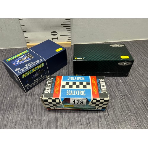 178 - 3 Boxed scalextric cars goodwood, legends etc