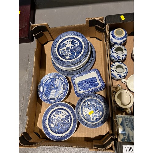 136 - 2 boxes blue|white vintage pottery willow pattern etc