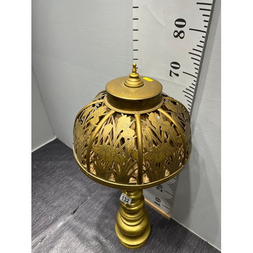 132 - Large vintage brass table lamp with linen liner + brass shade