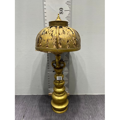 132 - Large vintage brass table lamp with linen liner + brass shade