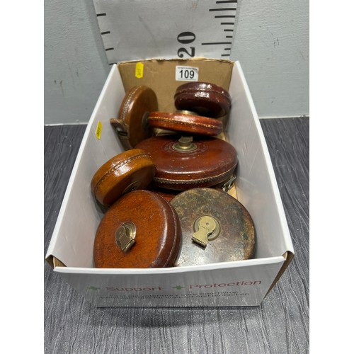 109 - Box vintage leather tape measures 8 in total