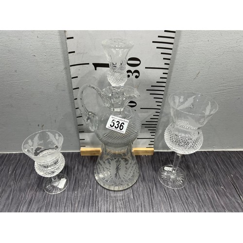 536 - Edinburgh crystal thistle design cut glass decanter a/f + thistle crystal wine glasses perfect