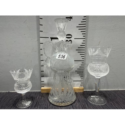 536 - Edinburgh crystal thistle design cut glass decanter a/f + thistle crystal wine glasses perfect