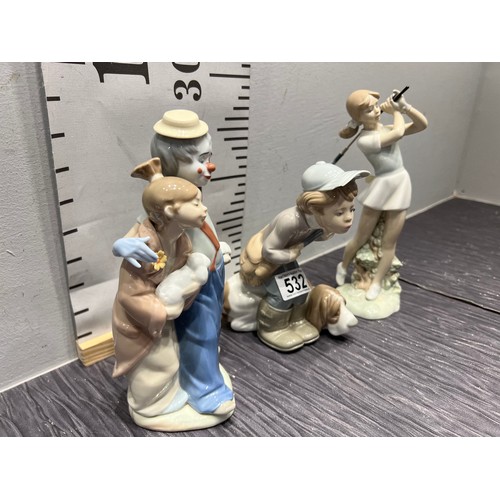 532 - 2 Lladro figures clowns-boy with gun + Nao figure girl golfer