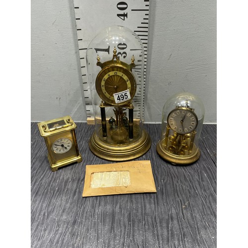 495 - Vintage anniversary clocks under dome + brass carrage clock