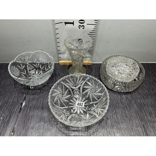 492 - 5 Pieces cut glass, bowles, vase etc