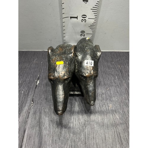 490 - Very heavy bronzed sculpture of pair grayhound heads