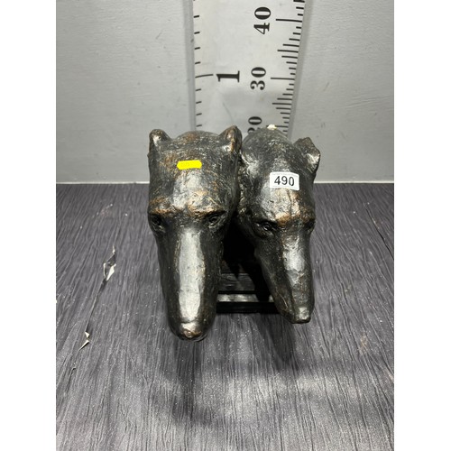 490 - Very heavy bronzed sculpture of pair grayhound heads