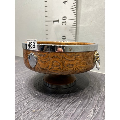 489 - Vintage pedestal wood +chrome fruit bowl