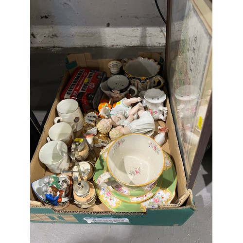 476 - 2 Boxes misc pottery, map picture, wooden base etc