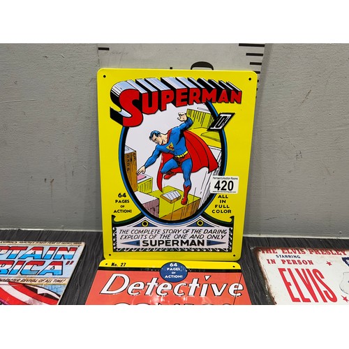 420 - Quantity advertising signs Superman, Captin America, Elvis etc