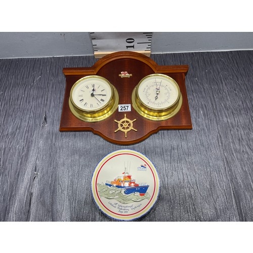 257 - RNLI clock & barometer on wooden plaque + RNLI dish June 1999