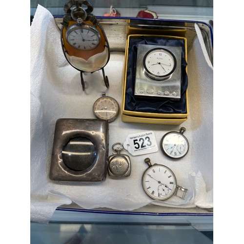 523 - 5 Pocket watches silver clock, silver pocket watch travel case, shell pocket watch stand