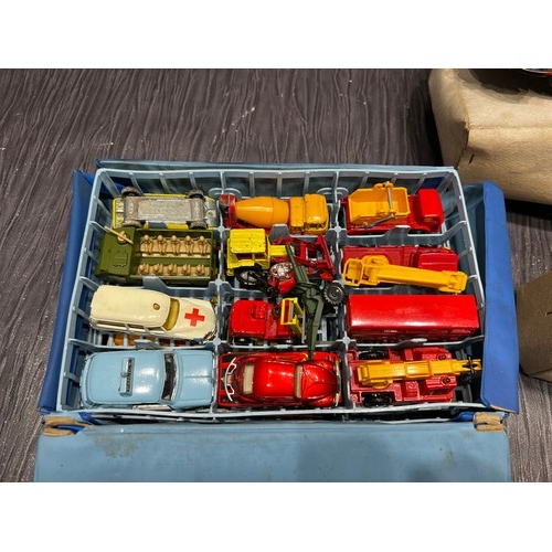 270 - Fire chief tin plate car + bus + match box cased cars