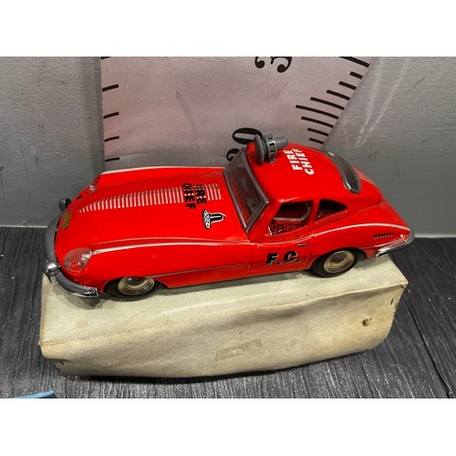 270 - Fire chief tin plate car + bus + match box cased cars