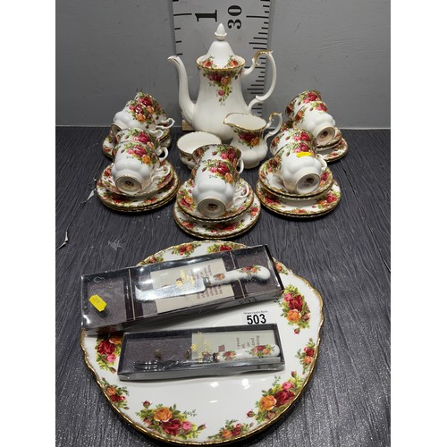 503 - Royal Albert country rose china tea set 10 place setting missing 1 saucer + cake plate & knives